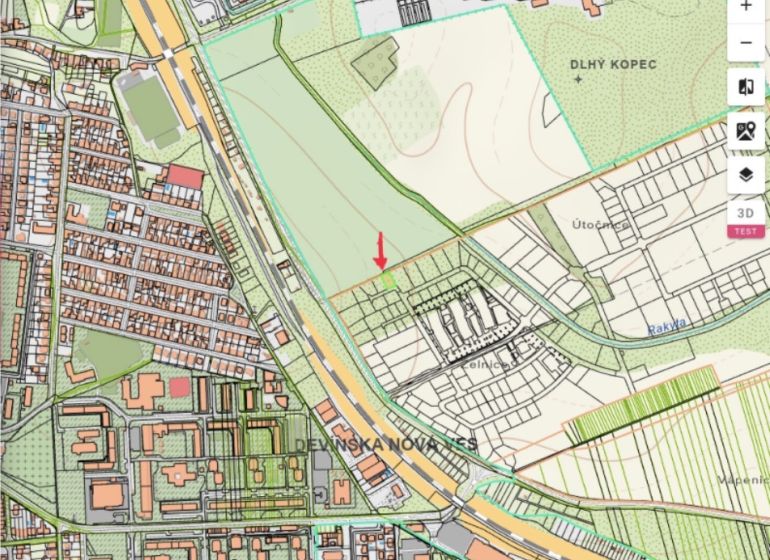 Map of areas near Bratislava - Devínska Nová Ves, specifically residential plots near Rakyta Street.
