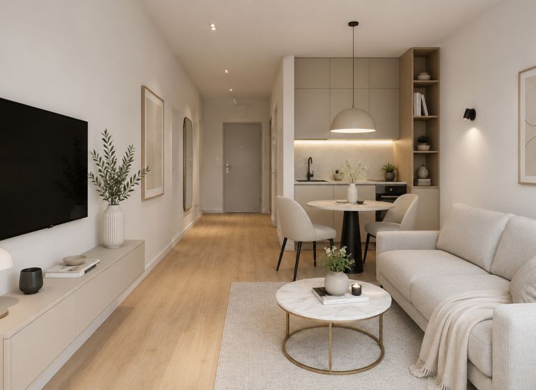 Living room in a studio apartment with wood-patterned flooring and neutral colors.