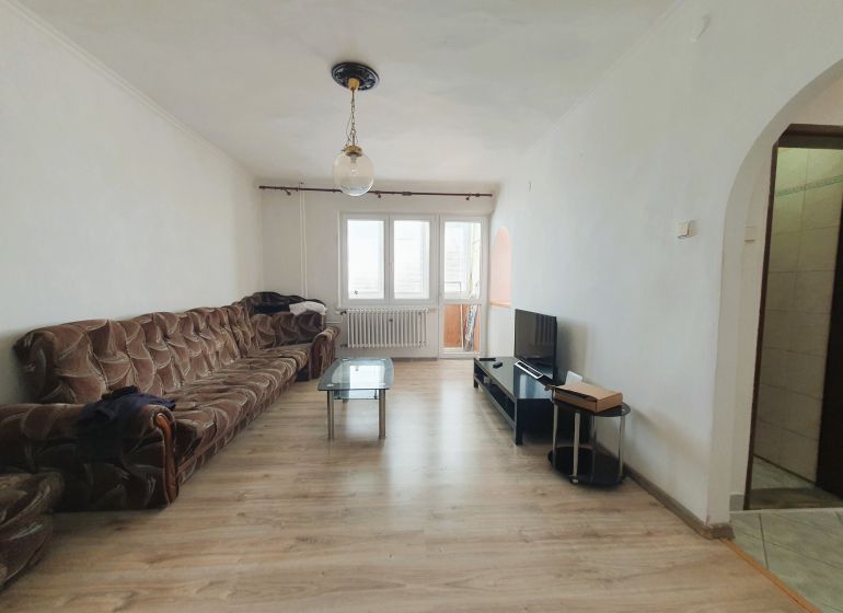 Living room with a brown sofa, television, and wood-patterned flooring in a three-room apartment.