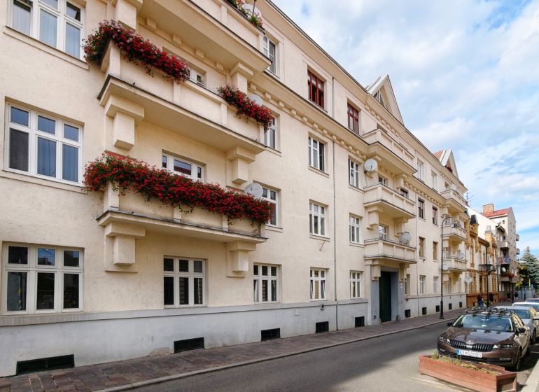 The facade of an apartment building with balconies on Vodná Street, Košice - Old Town.