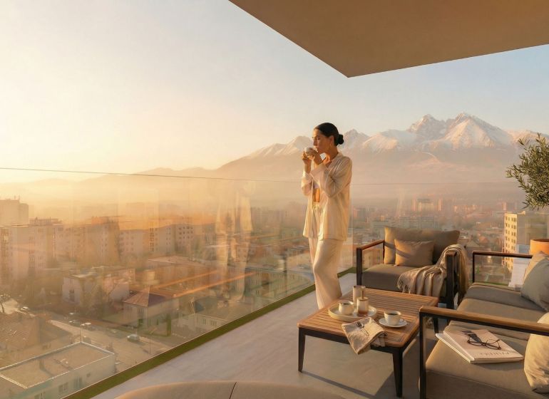 Elegant terrace with a view of the High Tatras in a 2-room apartment in Poprad.