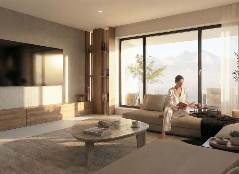 Living room with a corner sofa, wooden decor flooring, and a large window in a 2-room apartment.