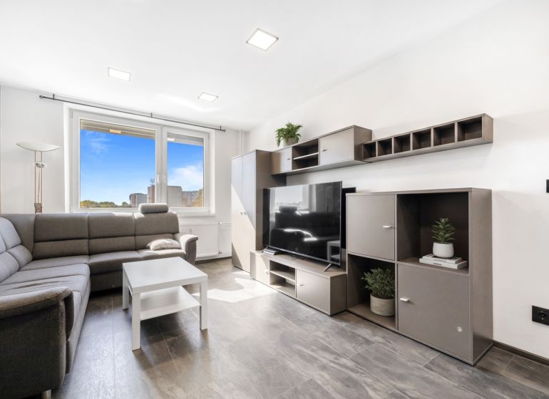 Living room in a two-room apartment with a corner sofa and a large window.