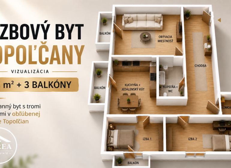 Visualization of a 3-room apartment in Topoľčany with wood-patterned flooring, 73 m², and balconies.
