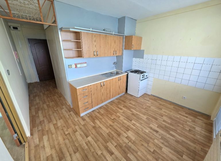 A kitchen in a studio apartment with a wood-patterned floor and basic equipment.