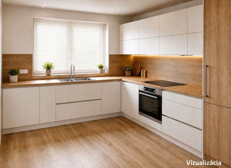 A kitchen in a 3-room apartment with a wooden decor floor and white cabinets.