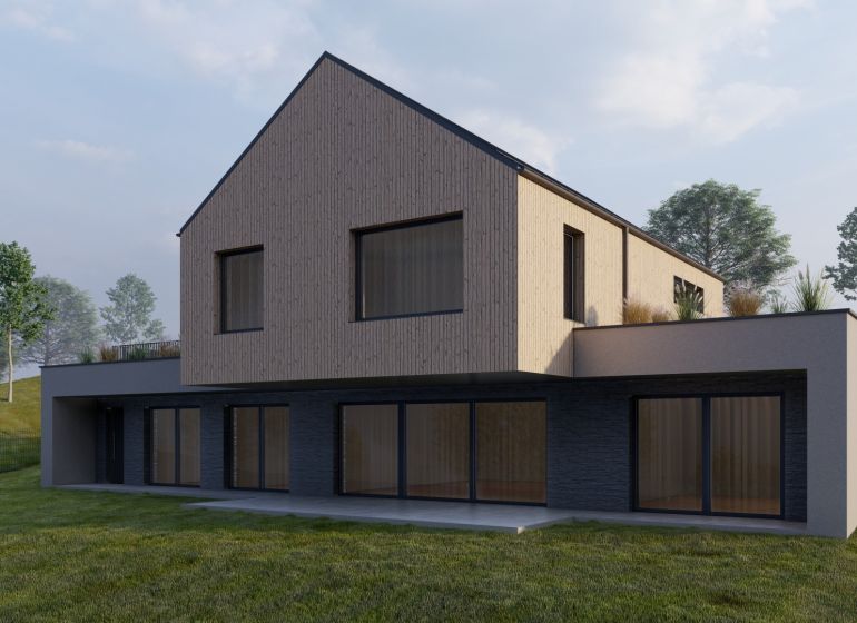 A family house in Staškov with glass doors and wooden cladding, surrounded by a lawn.