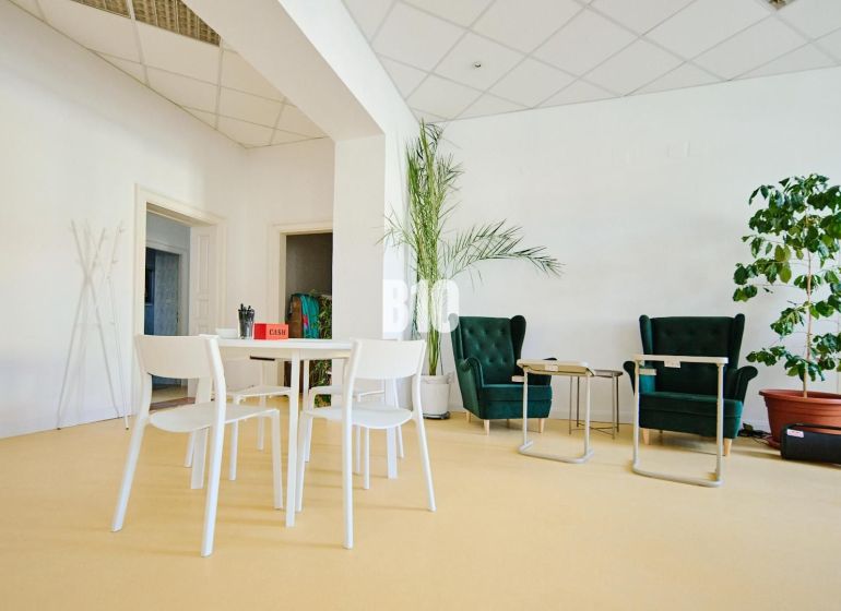 Offices with white chairs, green armchairs, and plants on a light floor.