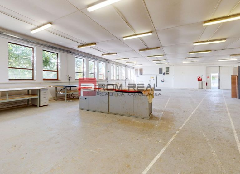 Spacious production spaces with large windows and work tables, floor with wooden decor.