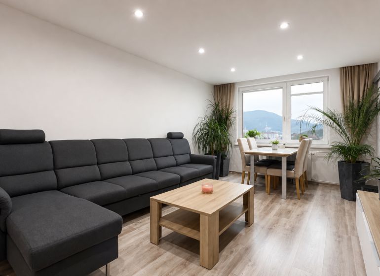 Living room in a 3-room apartment with a sofa, dining table, and wooden decor flooring.