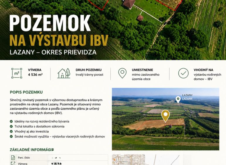 Land for sale in Lazany, Prievidza district, suitable for building family houses.