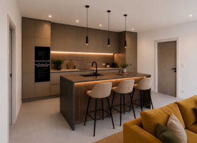 A kitchen with a bar and stools, complemented by a light strip, in a 3-room apartment.