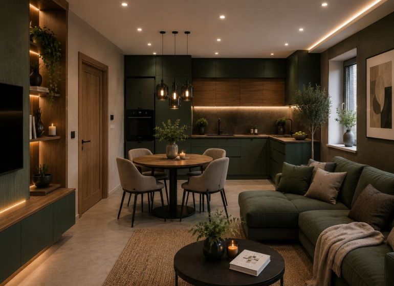 Living room with kitchen in a 2-room apartment, with a wooden decor floor and plants.