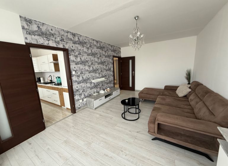 Living room in a 3-room apartment with a sofa and entrance to the kitchen.
