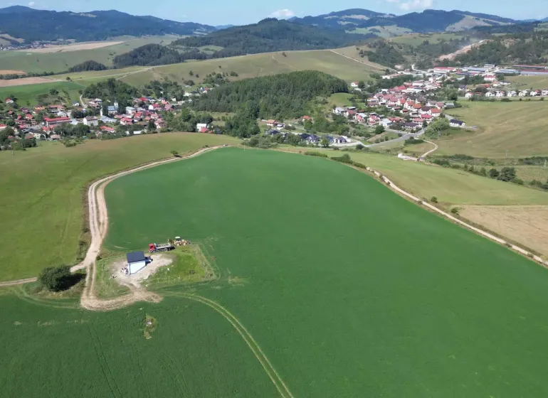 Aerial view of agricultural and forest lands in Stará Ľubovňa with picturesque landscape.