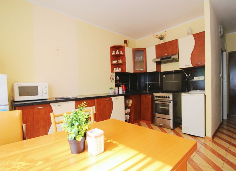 A kitchen in a studio apartment with a wooden decor floor and a dining table.