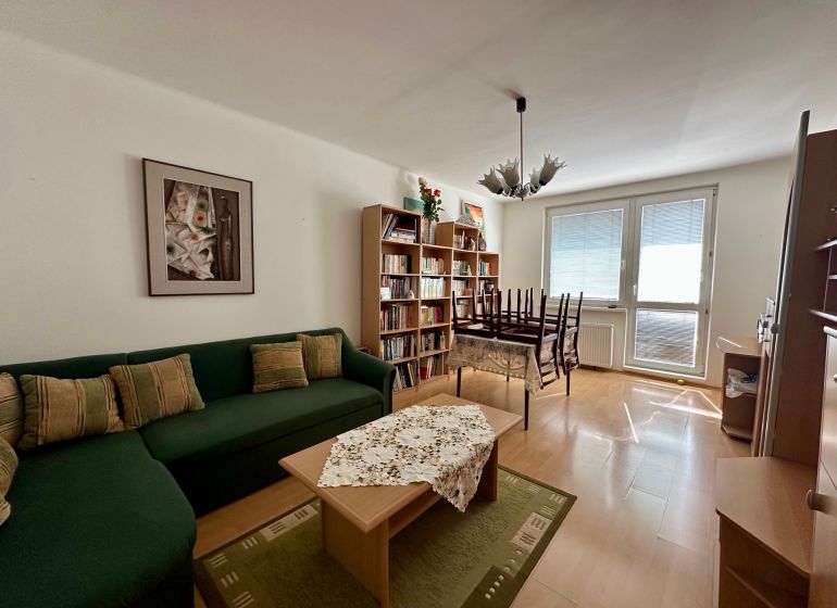 Living room in a 4-room apartment with a wooden decor floor, a green sofa, and a bookshelf.