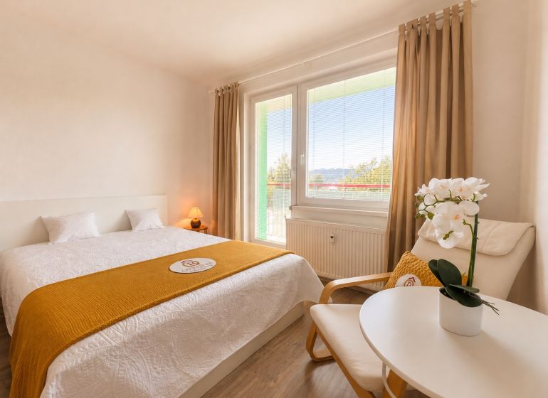 Bright bedroom with a large bed and a flower, studio apartment.