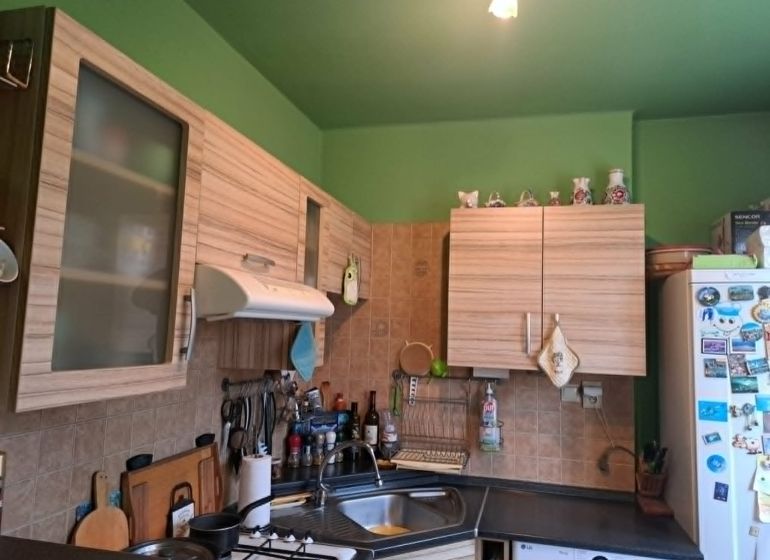 A kitchen in a 2-room apartment with wooden cabinets and a green wall.