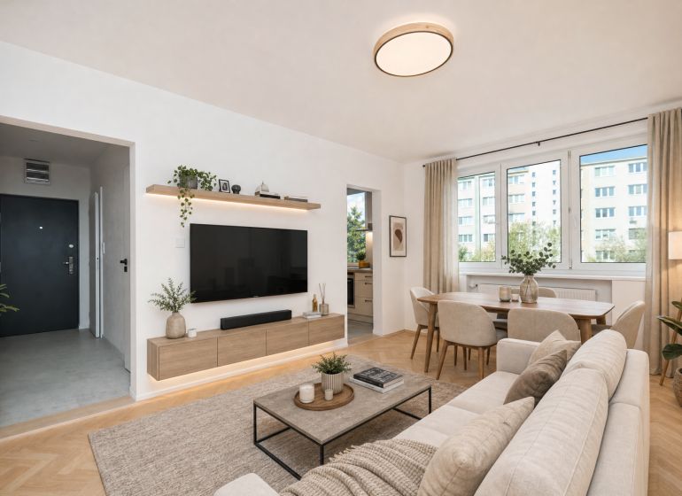 Living room in a three-room apartment with a wooden decor floor and light furniture.