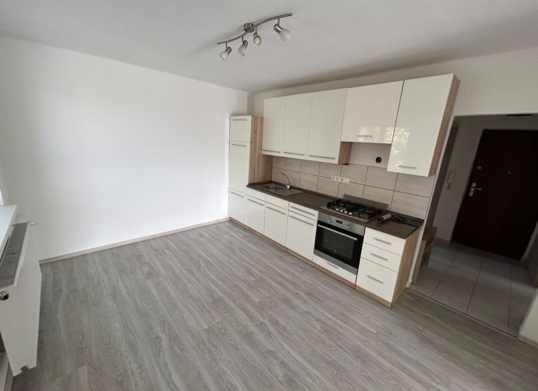 A kitchen in a 3-room apartment with built-in appliances, flooring with a wooden decor.