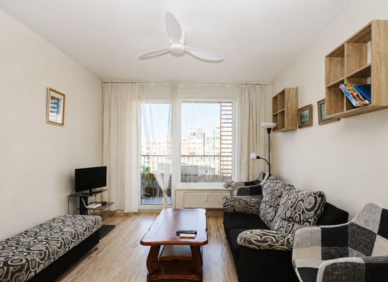 Living room with wood-patterned flooring and patterned furniture in a two-room apartment.