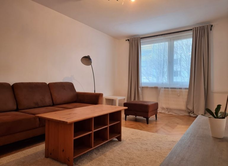 Living room in a two-room apartment with a wooden decor floor, a brown sofa, and a coffee table.