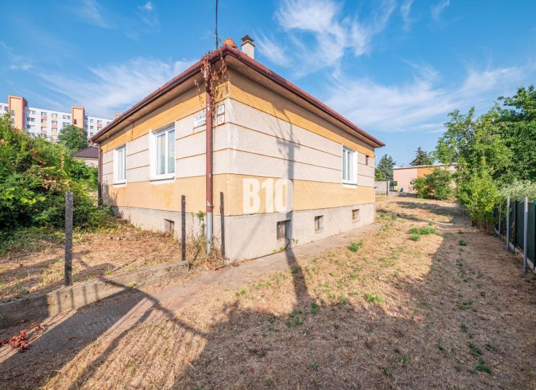 A family house in Nitra with grassy surroundings, next to it runs a narrow road.