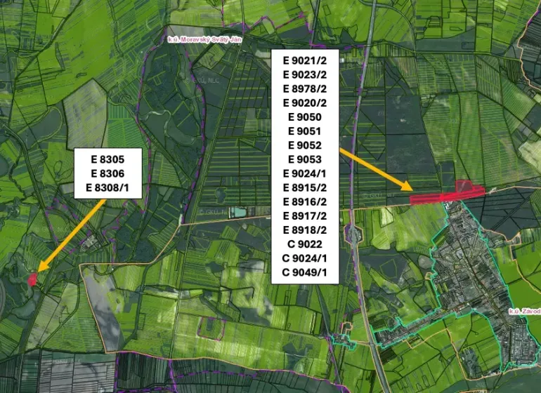 Map of agricultural and forest lands around Moravský Svätý Ján.