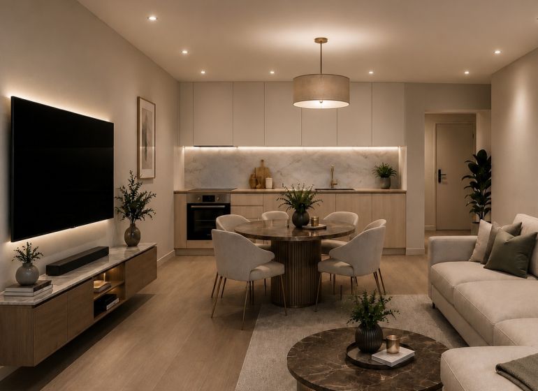 Living room in a three-room apartment with a wooden decor floor and comfortable seating.