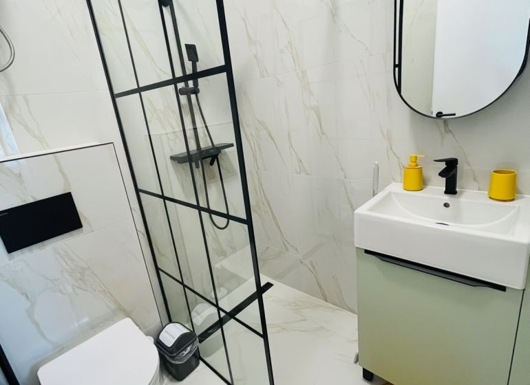 A bathroom in a 2-room apartment with a shower, a wall-hung toilet, and an orange rug.