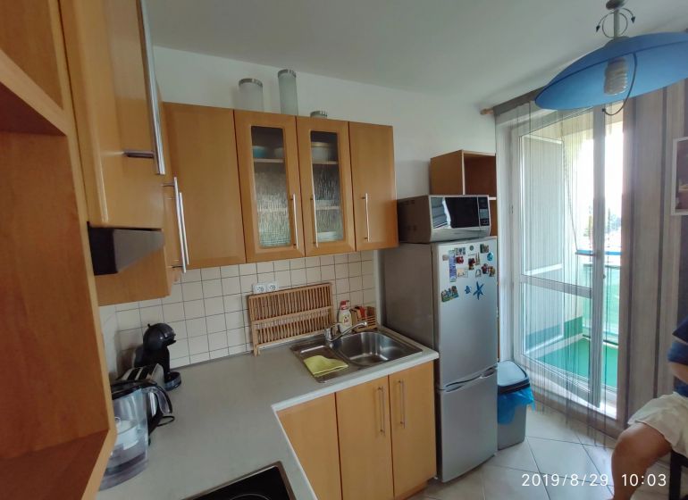 A kitchen with wooden cabinets, a microwave, and a refrigerator in a two-room apartment.