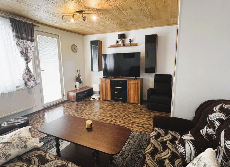 Living room in a 4-room apartment with a wooden decor floor and a TV on the wall.
