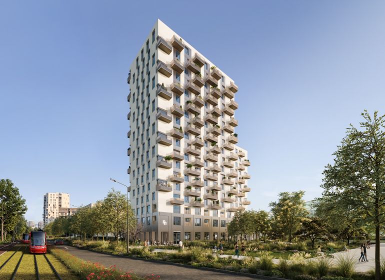 Modern apartment construction on Mlynské Nivy in Bratislava-Ružinov, next to the tram line.