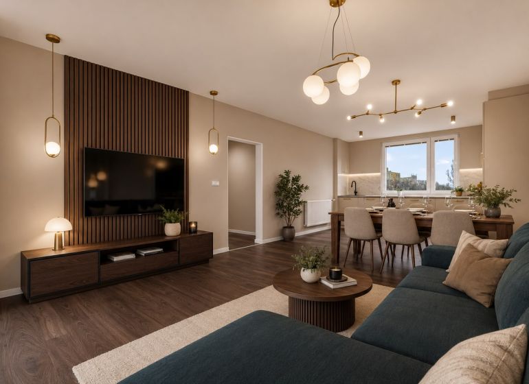 Living room with wood-patterned flooring, a dining table, and a comfortable sofa in a three-room apartment.