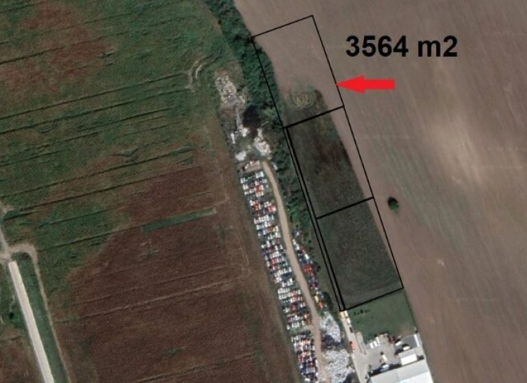 Aerial view of commercial land in Bernolákovo, Priemyselná, with a total area of 3564 m².