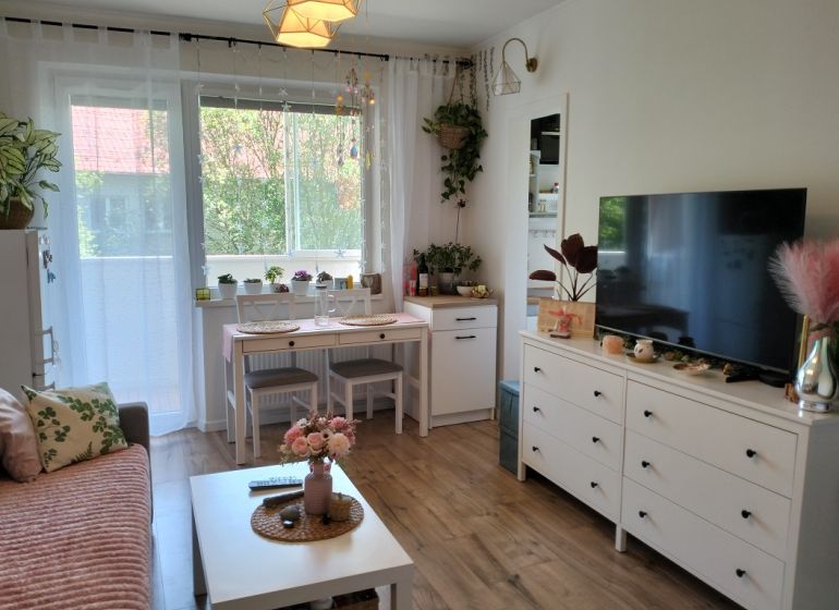 Living room in a studio apartment with wood-patterned flooring and white furniture.