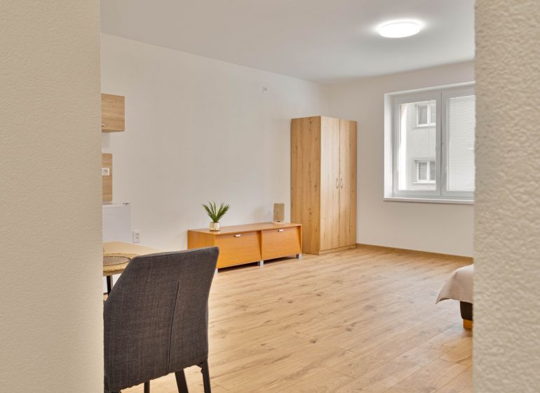 A studio apartment with a wood-patterned floor, a wardrobe, a window, a table, and two cabinets.