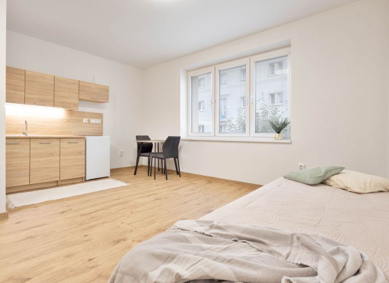 Studio apartment with a kitchenette, bed, and dining table, floor with wood decor.