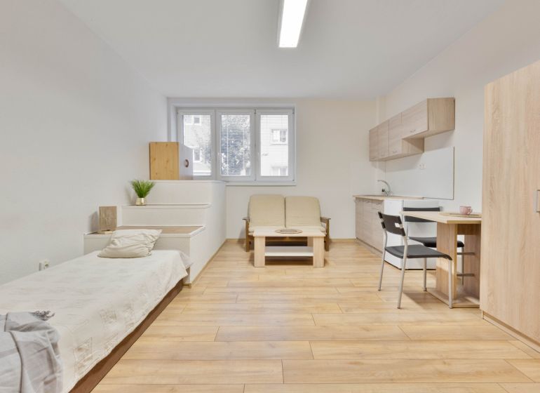 Studio apartment with wood-patterned flooring, a bed, a kitchenette, and furniture.