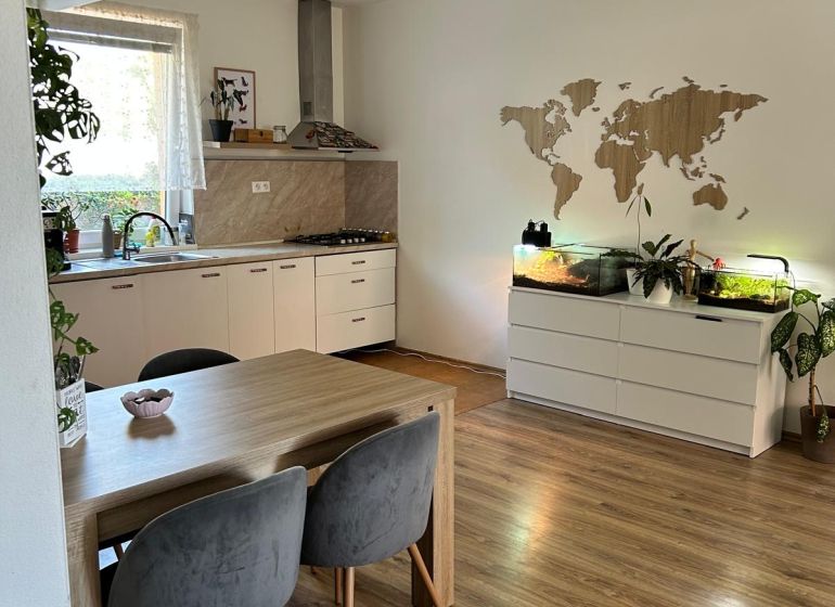 A kitchen in a 3-room apartment with a wooden decor floor, a table, and plants.