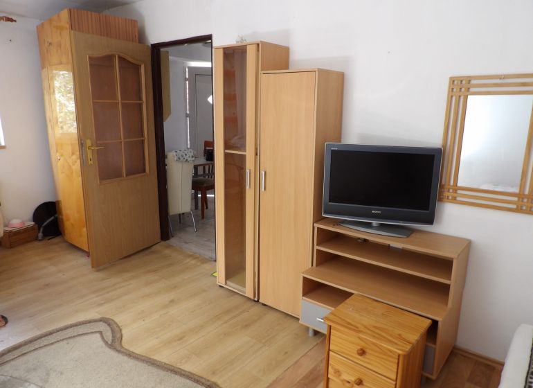 Living room in a two-room apartment with furniture and flooring featuring a wood design.
