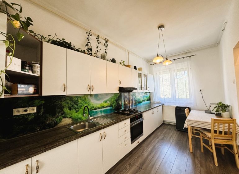 A kitchen with a wooden decor countertop, table, and floor in a two-room apartment.