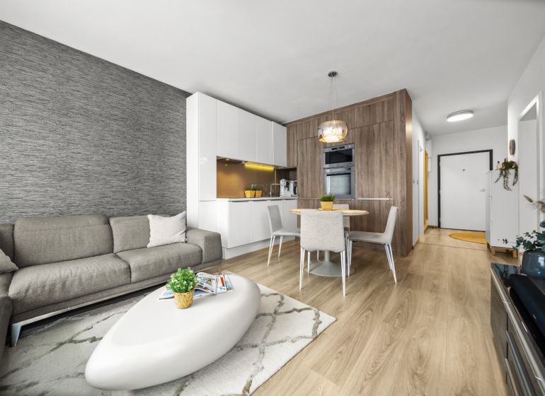 Living room in a two-room apartment with a sofa and a kitchenette, wooden decor flooring.