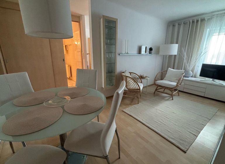 A bright living space with a dining table and wood-patterned flooring in a studio apartment.