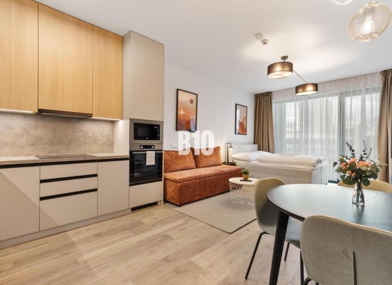 The kitchen and living area of a studio apartment with a wooden decor floor.
