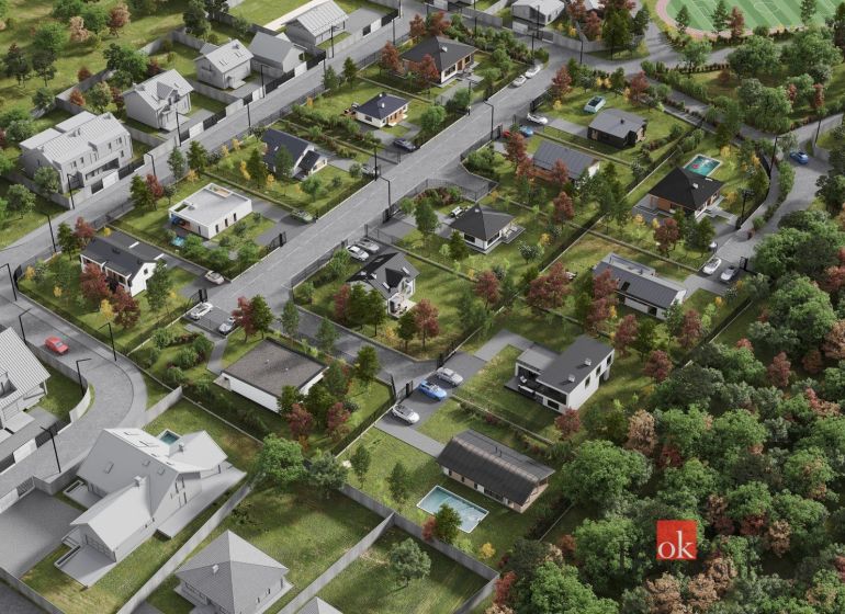 Plots - housing in Nitra show the layout of houses with gardens and green spaces.
