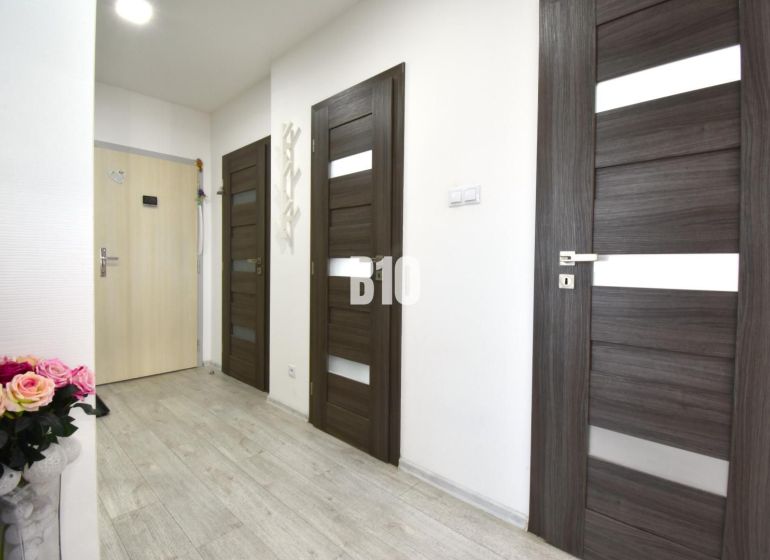 A hallway with doors and a floor with a wooden decor in a 3-room apartment.