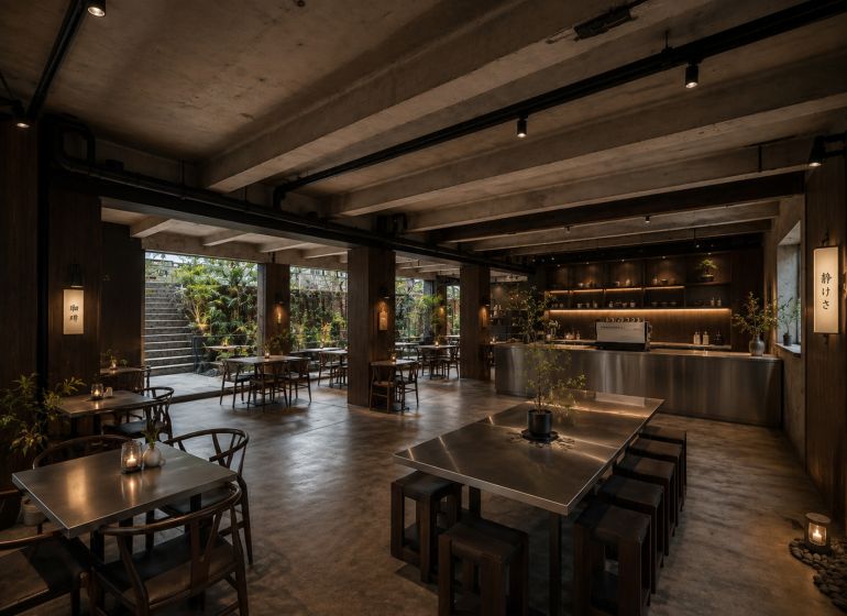 A space with metal tables and lighting, floor with wooden decor.
