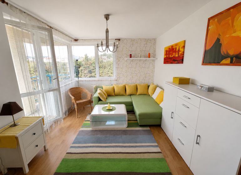 Living room with a corner sofa, wooden decor flooring, and a colorful carpet.